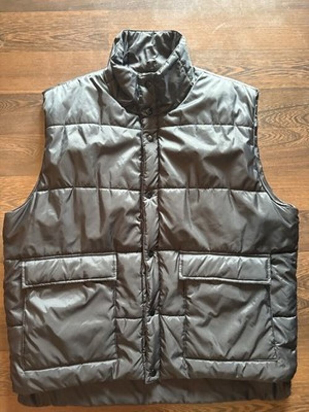 Vtg 70s Sears Mens Store Shiny Nylon Puffer Vest Grey XL EX